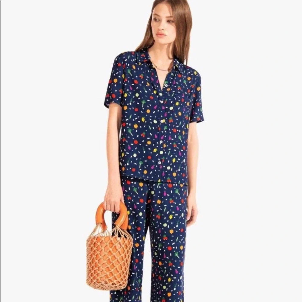 STAUD Navy Floral Print MATCHING SET with Multicolor FRUIT Accents
